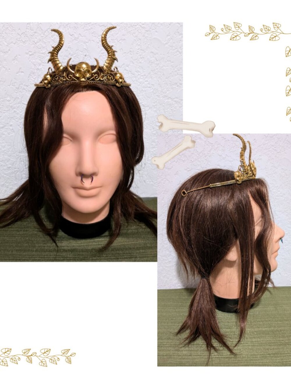 Dark Fae Cottagecore Goth Skull Horn Crown Witchy Headpiece Fantasy Crown Gold